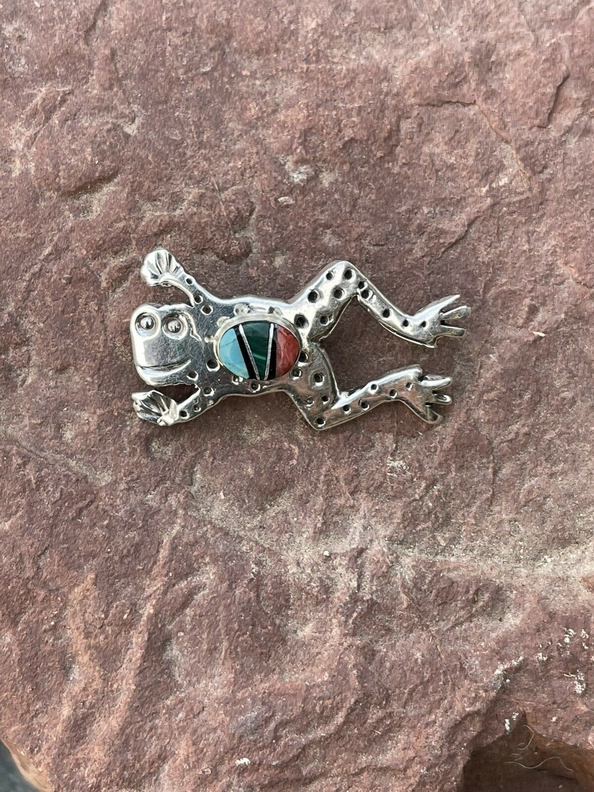 Navajo Sterling Silver Multi Stone Leap Frog Pendant Pin Signed