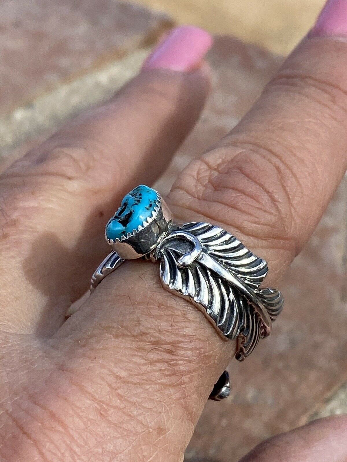 Gorgeous Navajo Feather Turquoise And Sterling Silver Adjustable Ring