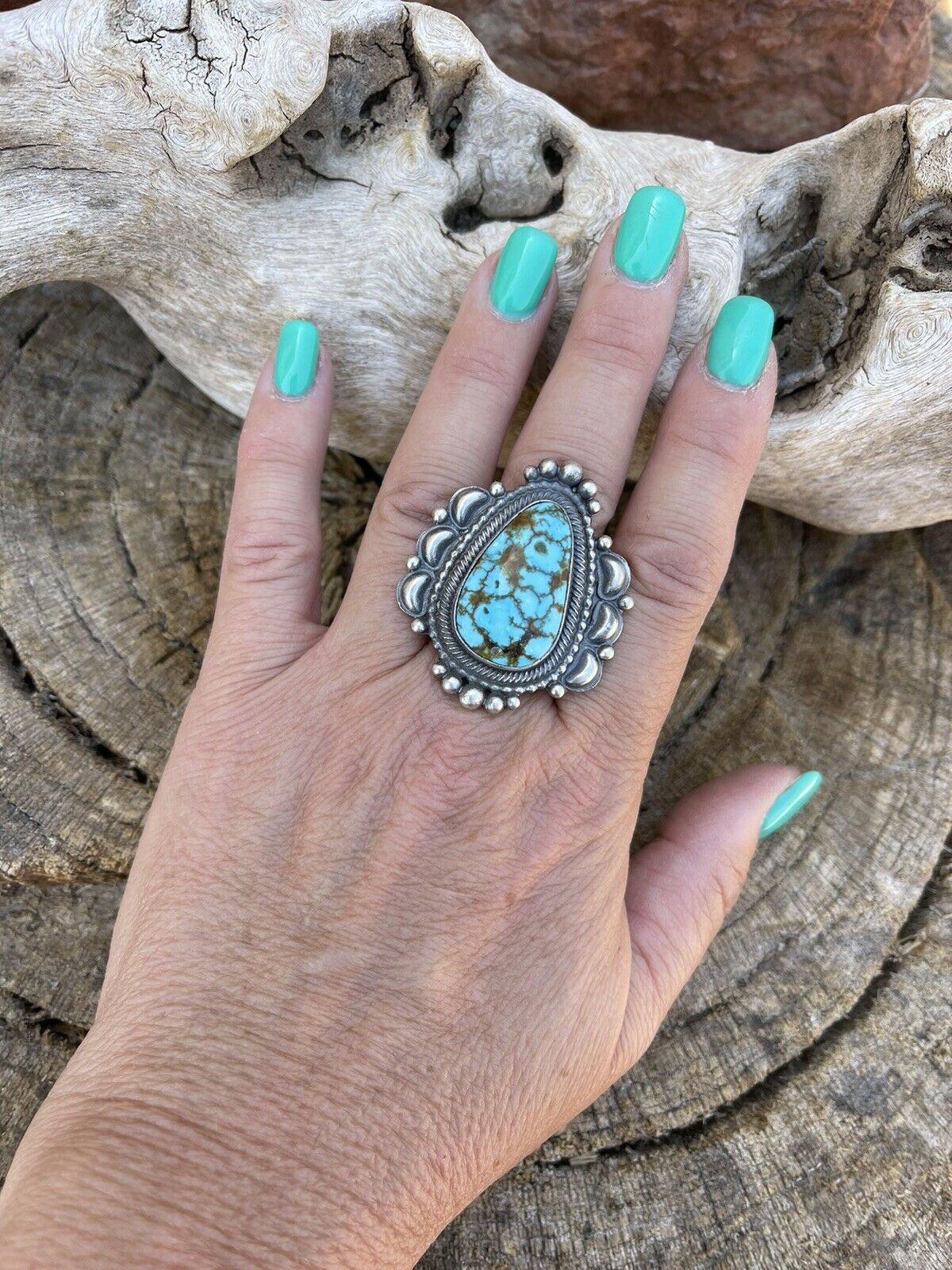 Navajo Sonoran Mountain Turquoise & Sterling Silver Statement Ring Size 7
