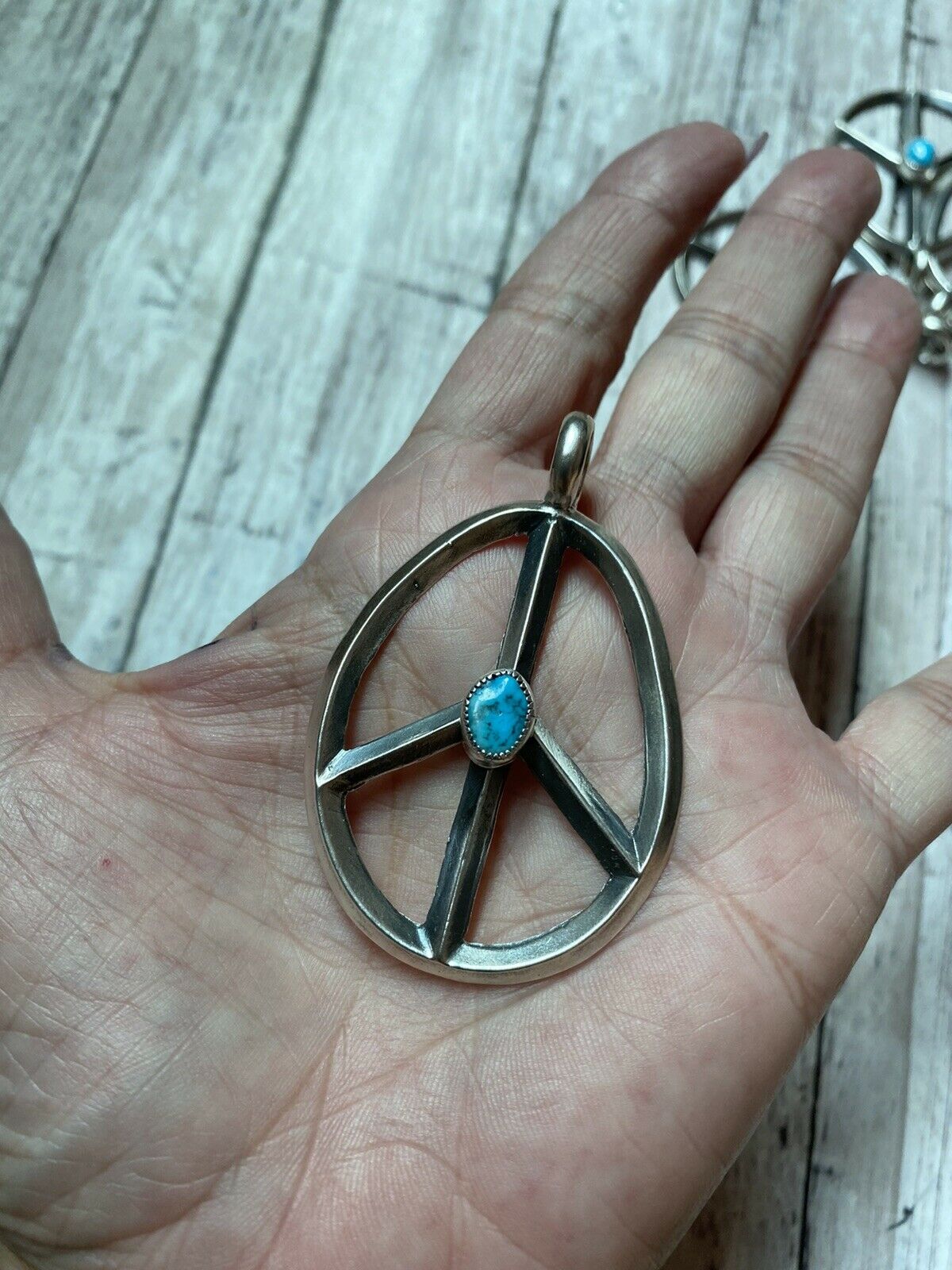 Navajo Sterling Silver & Kingman Turquoise Peace Sign Pendant Signed