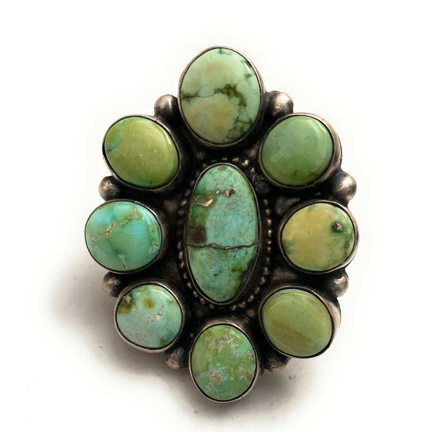 Navajo Sonoran Gold Turquoise & Sterling Silver Cluster Ring Size 7 Signed