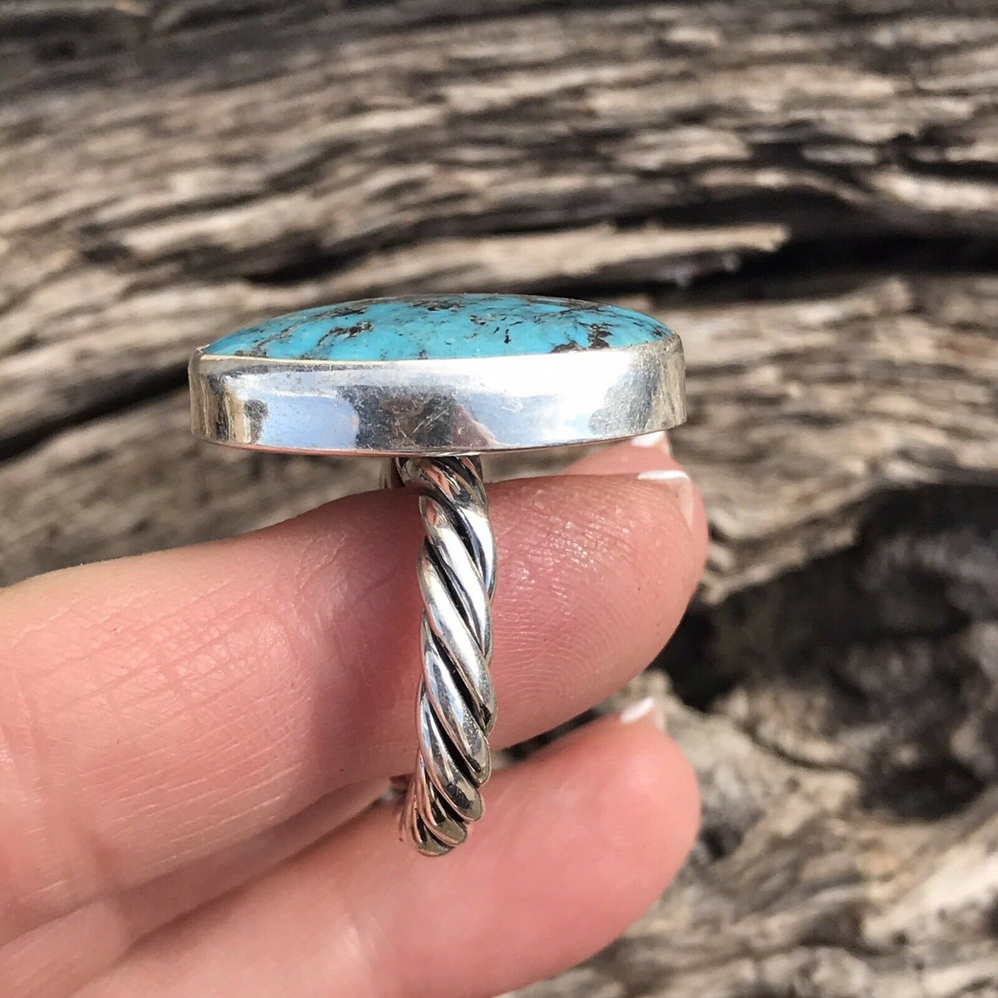 Stunning Rope Style Turquoise & Sterling Silver Navajo Ring Size 6