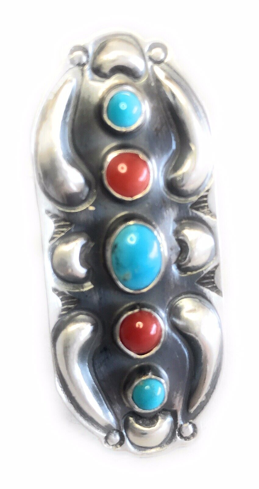 Navajo Sterling Silver Turquoise Coral 5 Stone Ring
