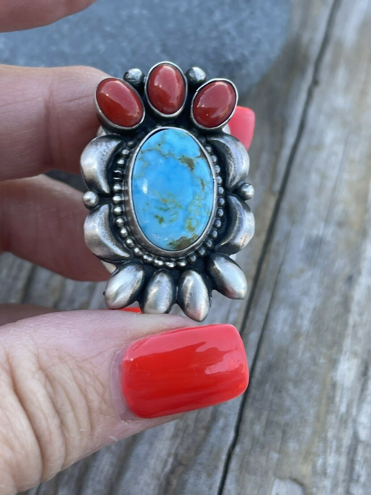 Navajo Sterling Kingman Web Turquoise & Red Coral Taos Collection Ring Sz 7.5