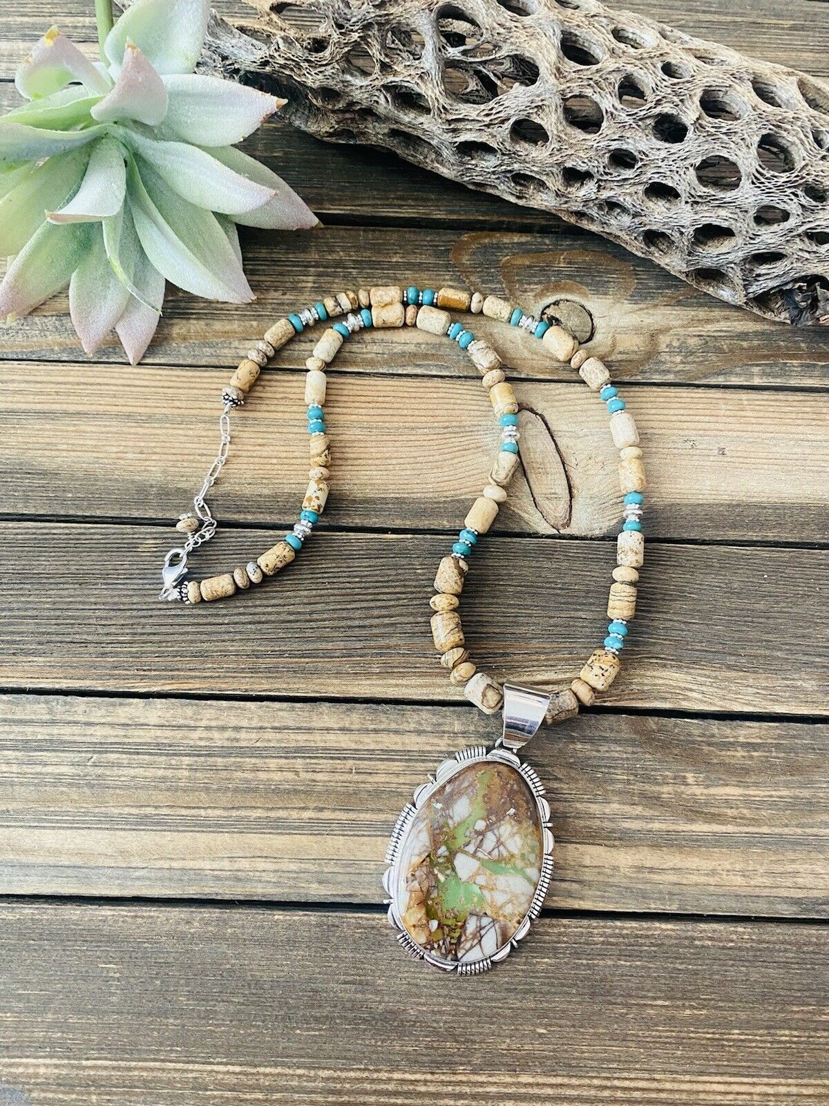 Navajo Jasper, Turquoise And Sterling Silver Beaded Necklace & Pendant Signed