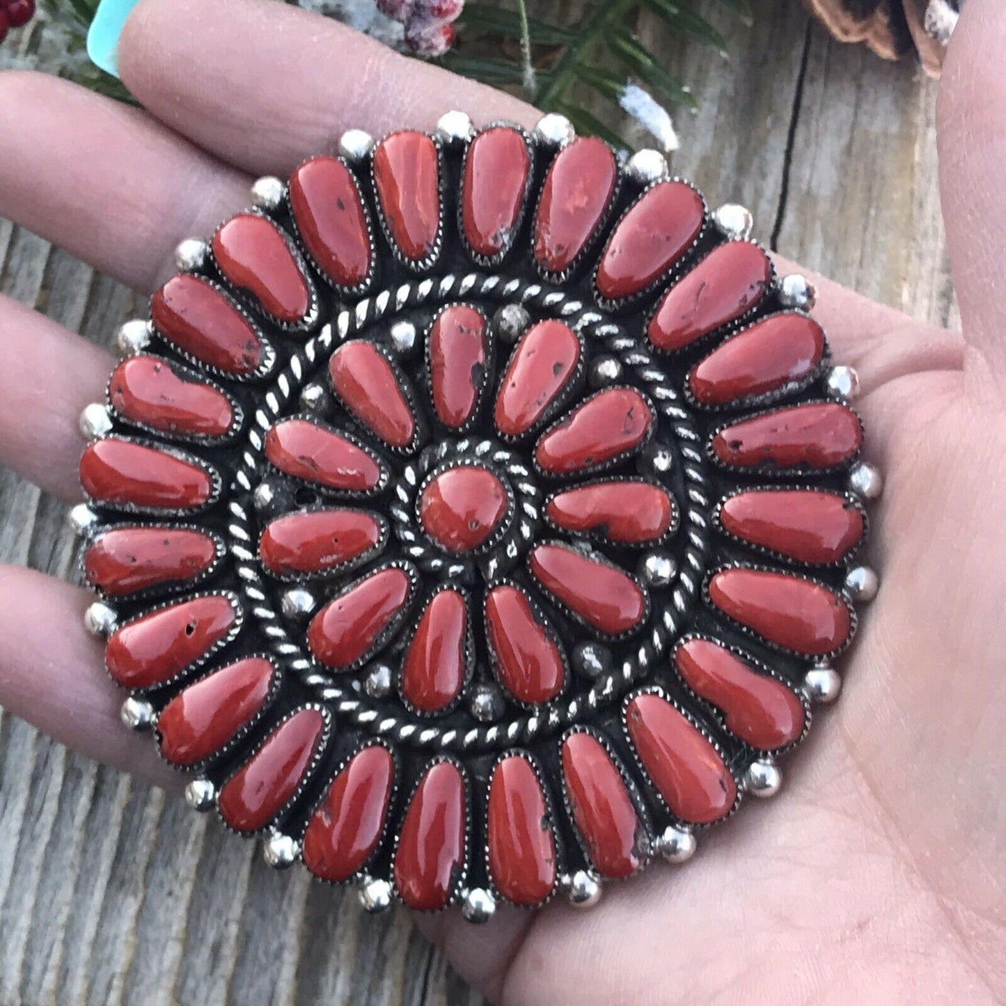 Navajo Jumbo Sterling Silver  Natural Red Coral Cluster Pendant/pin Signed