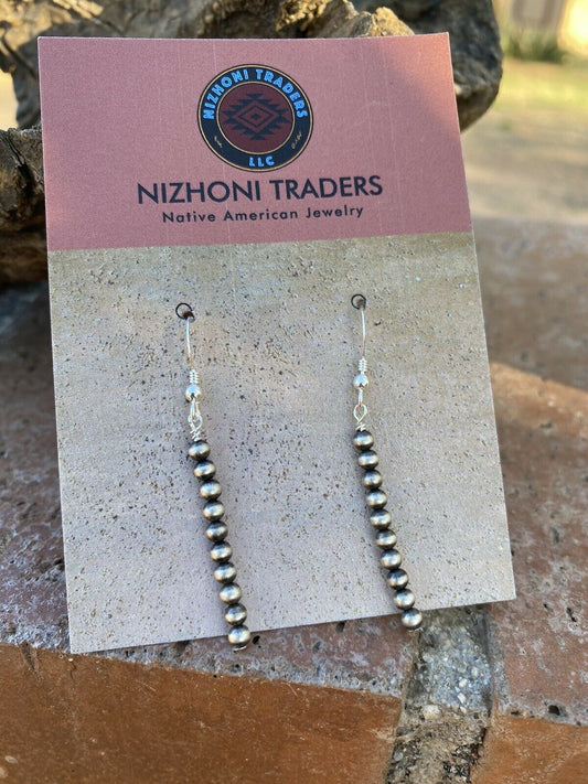 Navajo Sterling Silver 3mm Navajo Pearl Dangle  Earrings 2”