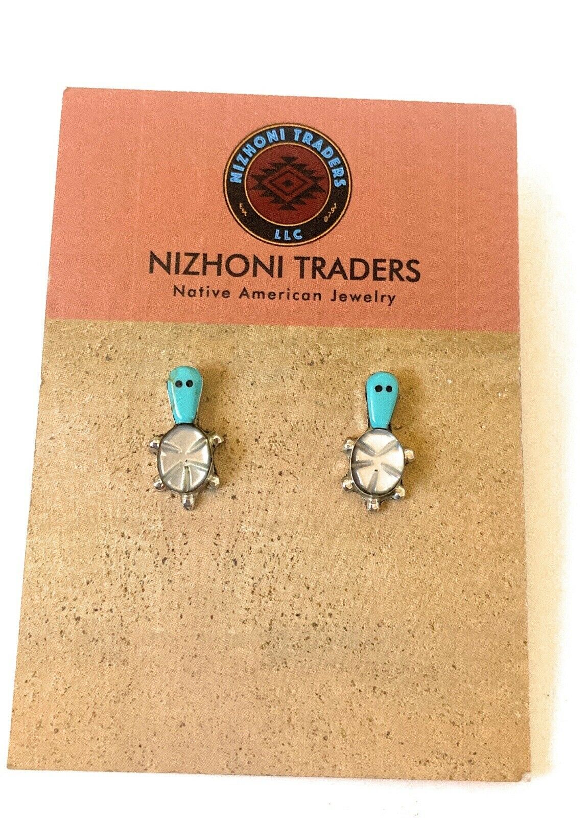 Zuni Sterling Silver, Turquoise & Mother Of Pearl Turtle Stud Earrings
