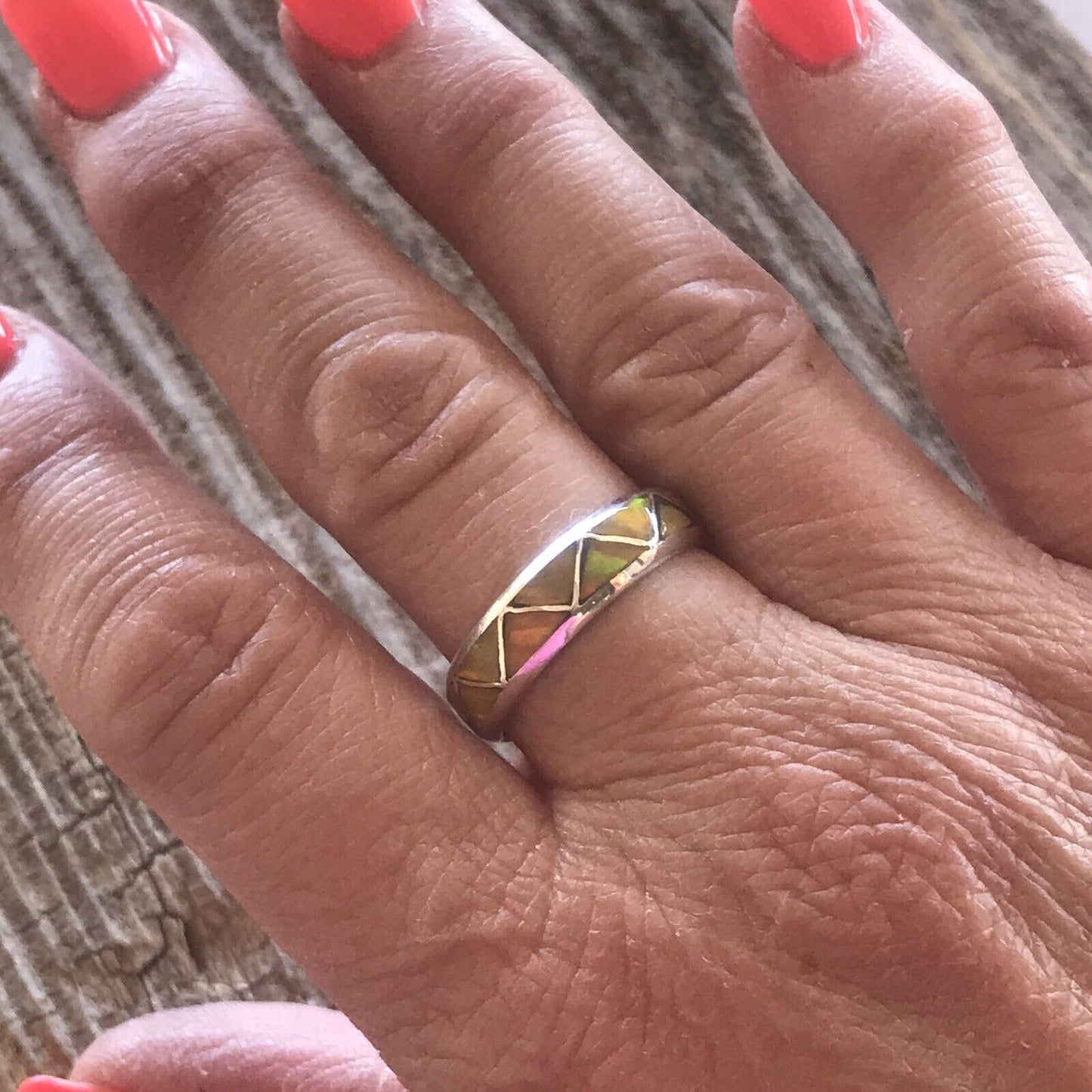 Zuni Sterling Silver Yellow Opal Band Ring