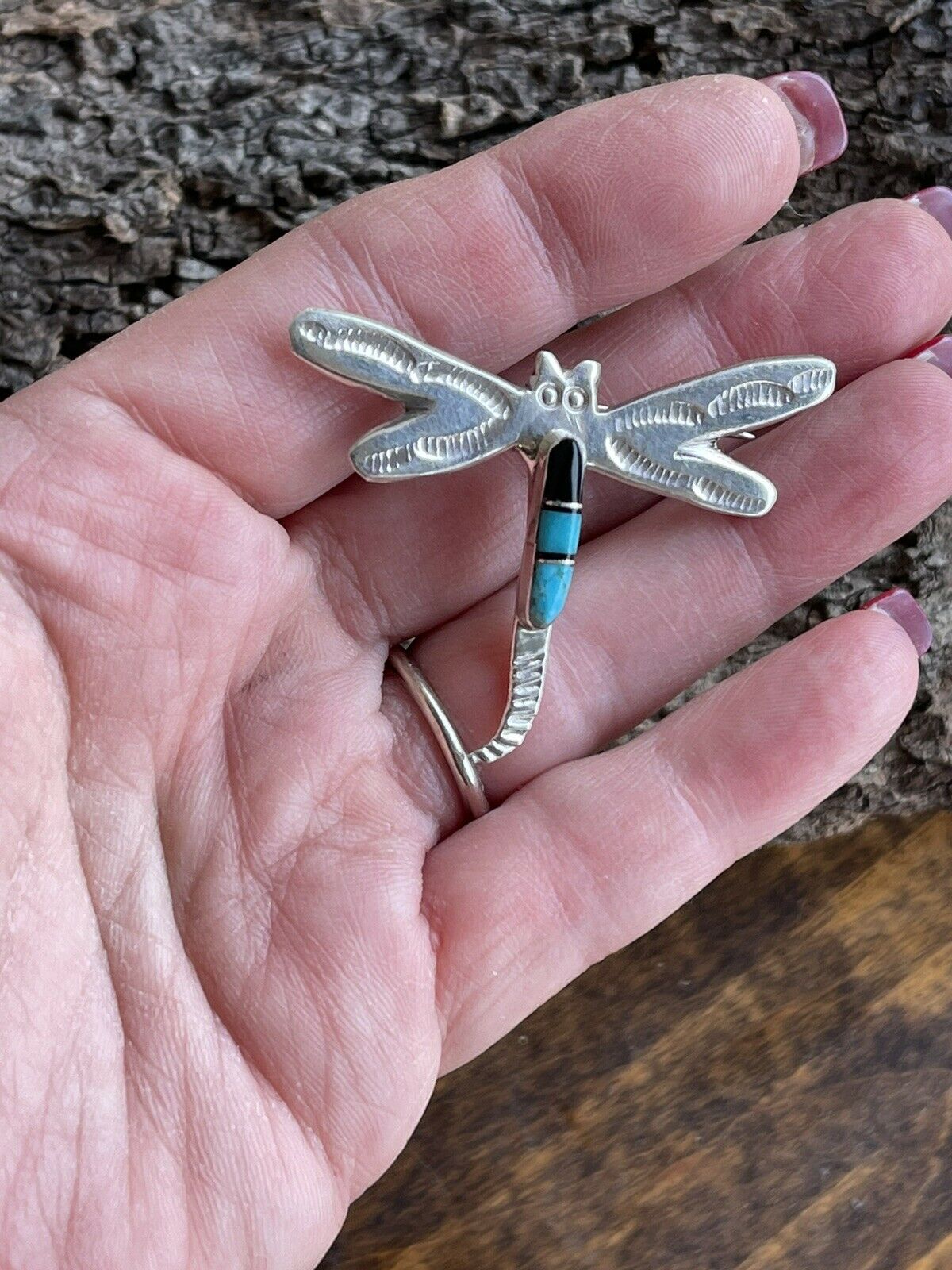 Navajo Sterling Silver Turquoise and Onyx Stone Dragonfly Pendant Pin Signed
