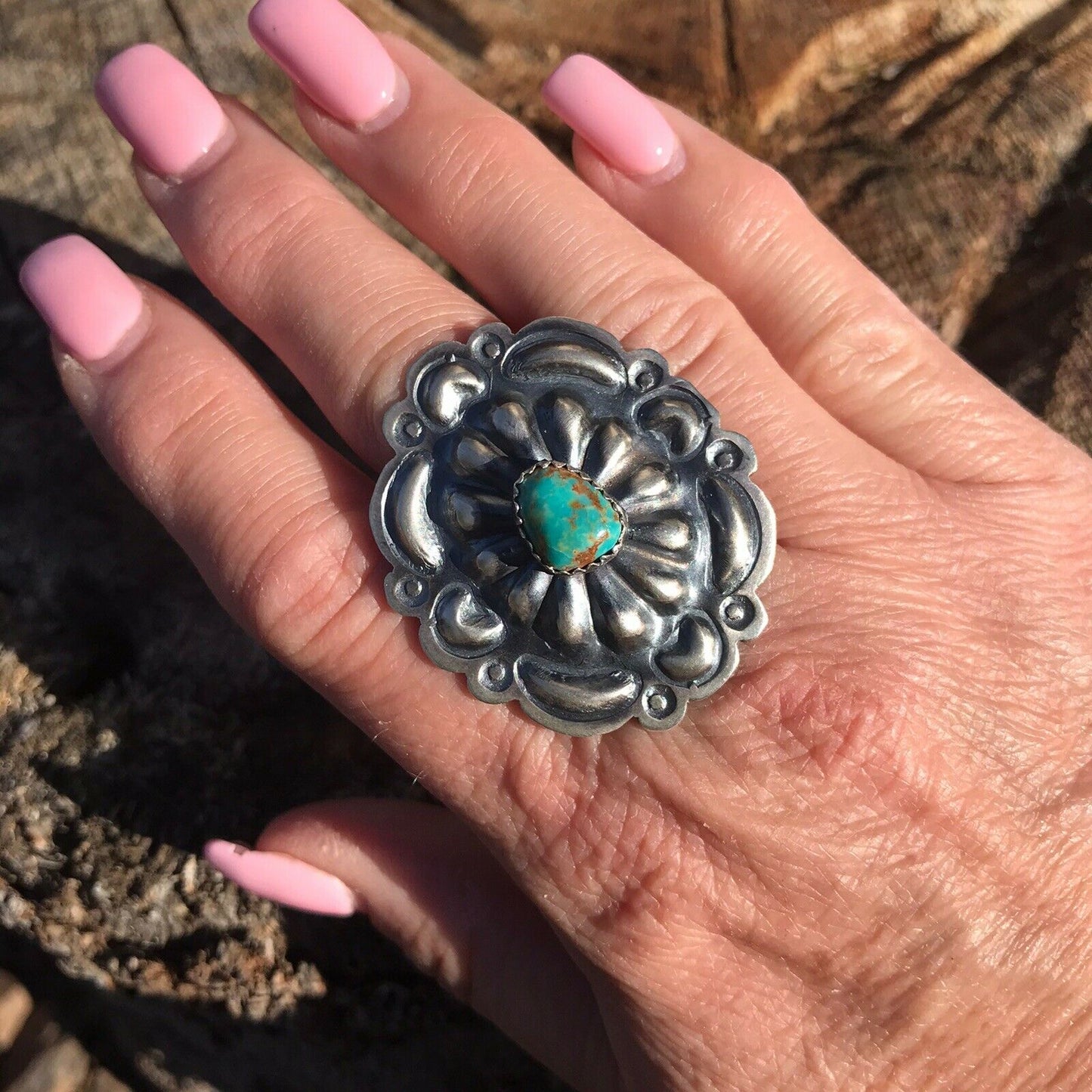 Navajo Sterling Silver Turquoise Concho Ring Sz 6
