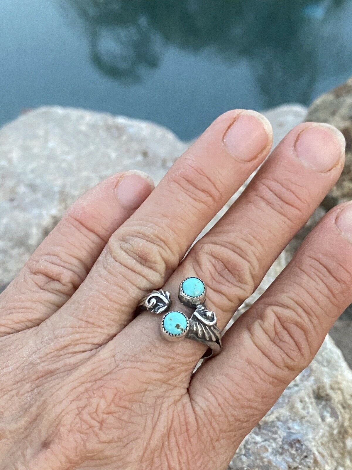 Navajo Two Turquoise  Stone & Sterling Silver Leaf Ring Size 8