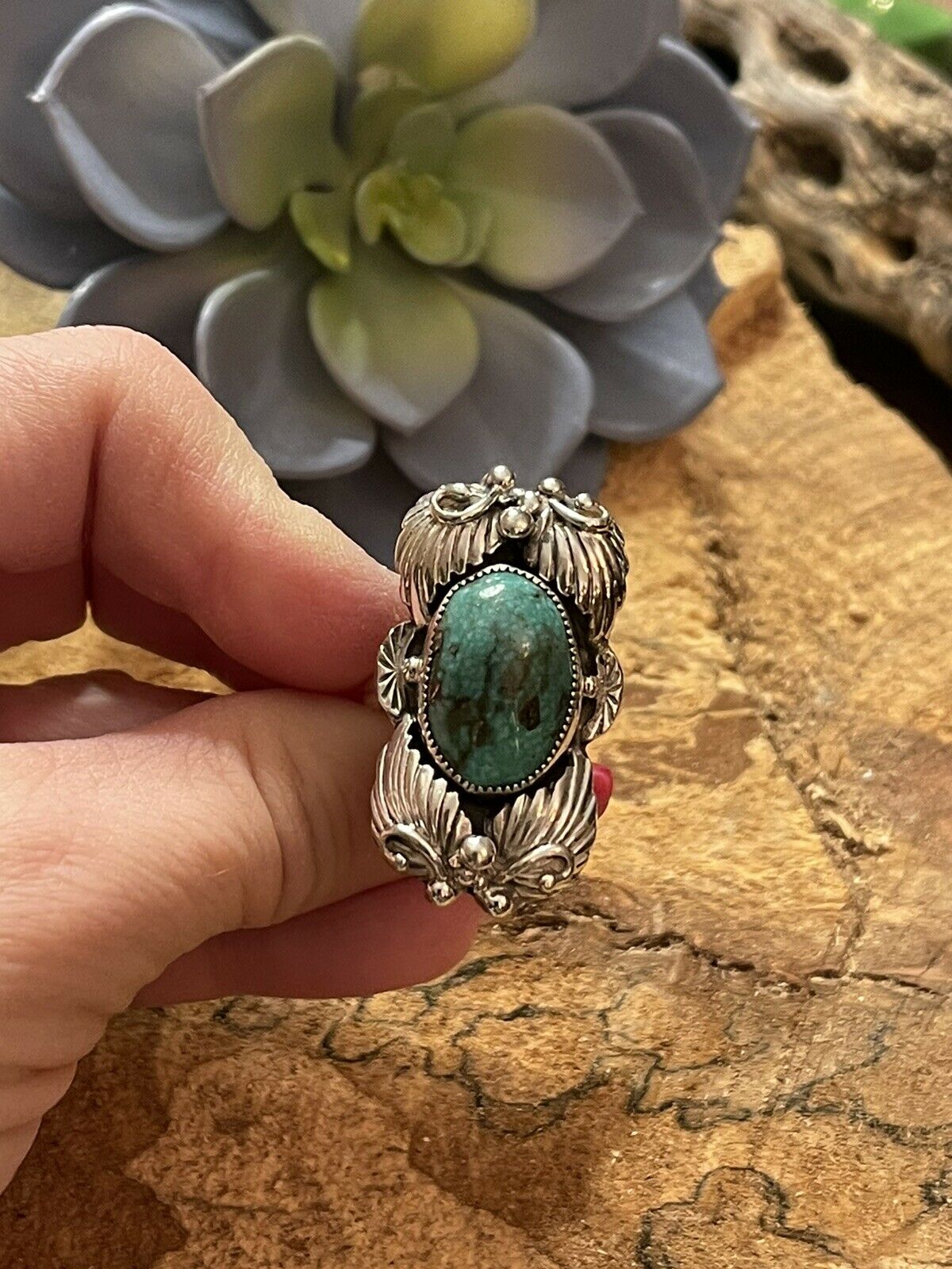 Navajo Southwest Styling Turquoise & Sterling Silver Statement Ring Size 9.5