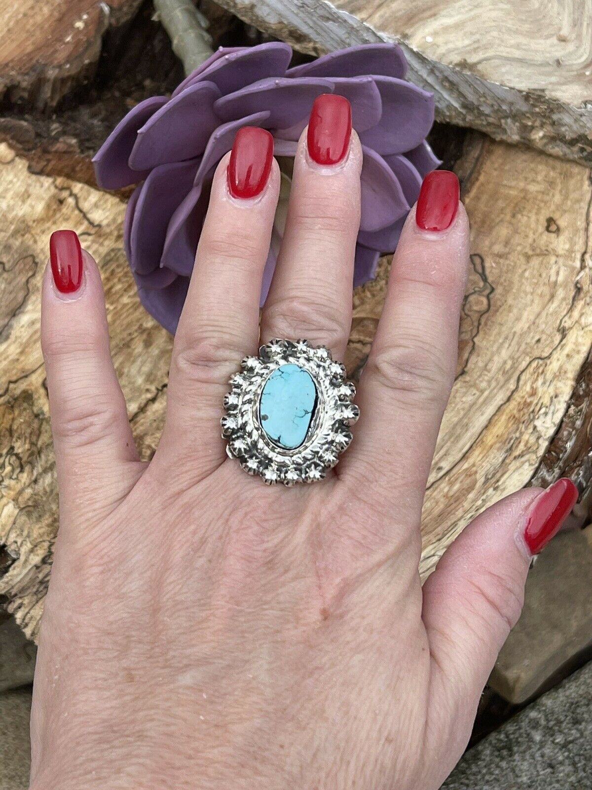 Navajo Sterling Carico Lake Turquoise Stone Sunburst Ring Size 8