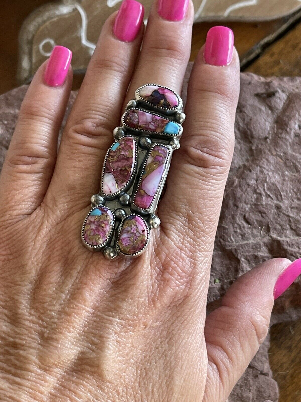 Navajo 6 stone Pink Dream Mojave & Sterling Silver Ring Size 8