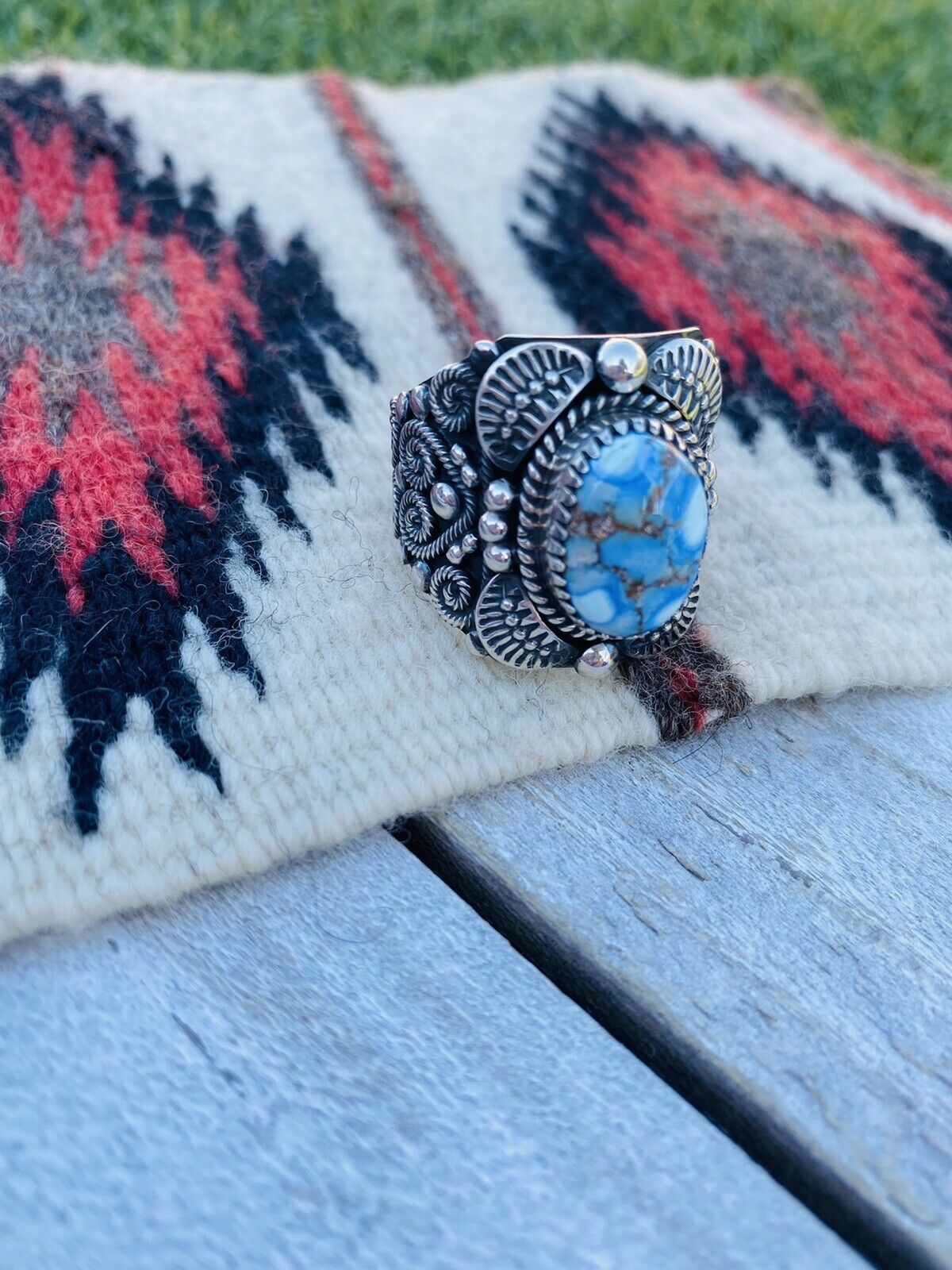 Navajo Sterling Silver & Golden Hills Turquoise Ring Size 13 By Delbert Gordon