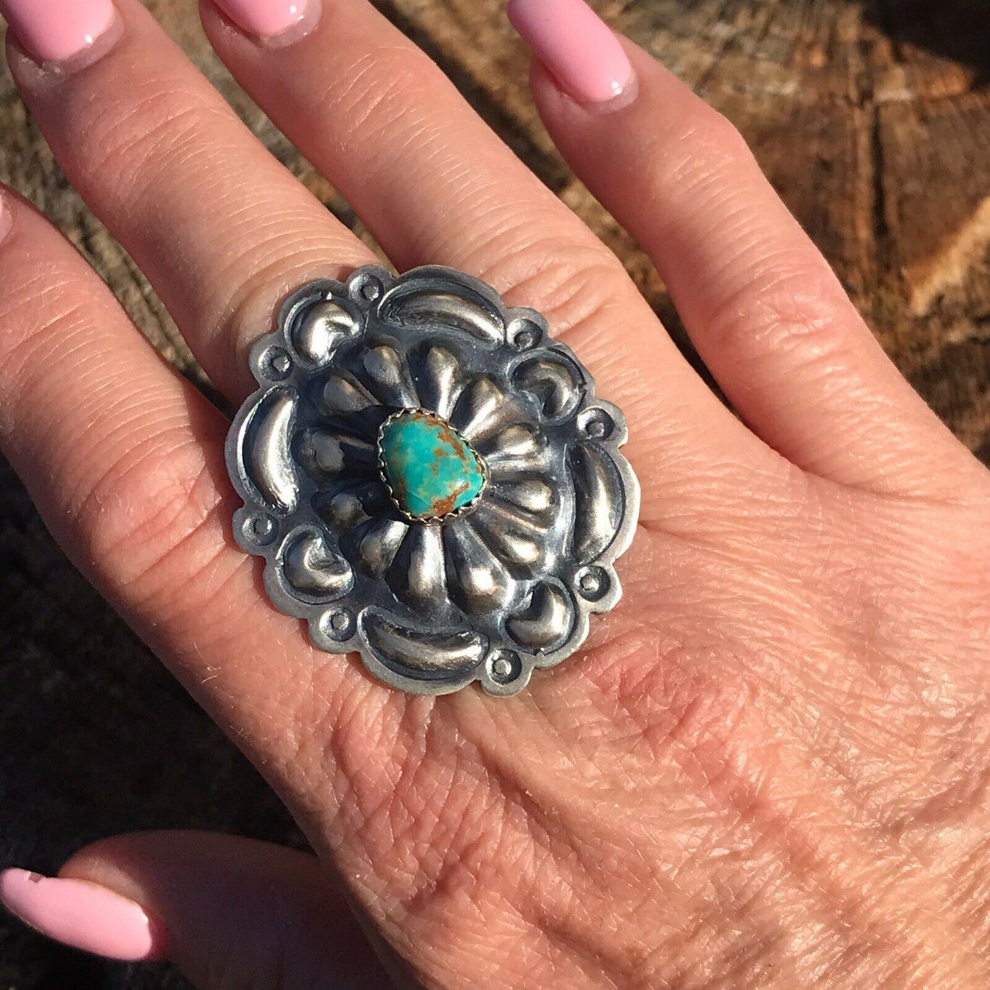 Navajo Sterling Silver Turquoise Concho Ring Sz 6
