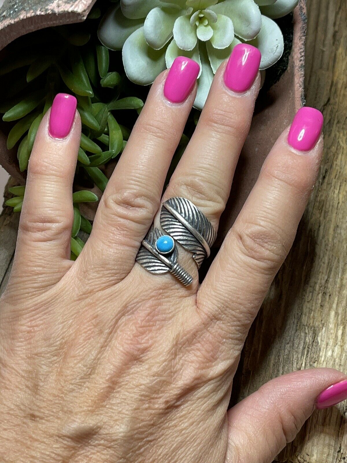 Navajo Sterling Silver & Turquoise Single Feather Adjustable Ring