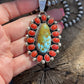Navajo Sterling Silver Kingman Web Turquoise & Red Coral Taos Cluster Pendant