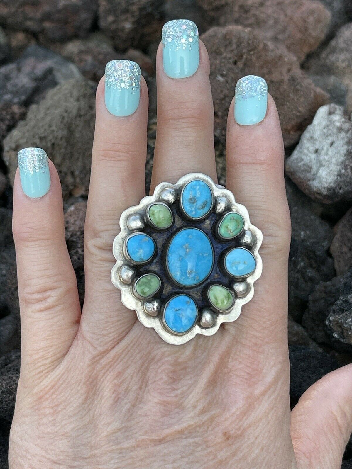 Navajo Sterling Sonoran Gold And Golden Hills Turquoise Cluster Ring Size 8.5