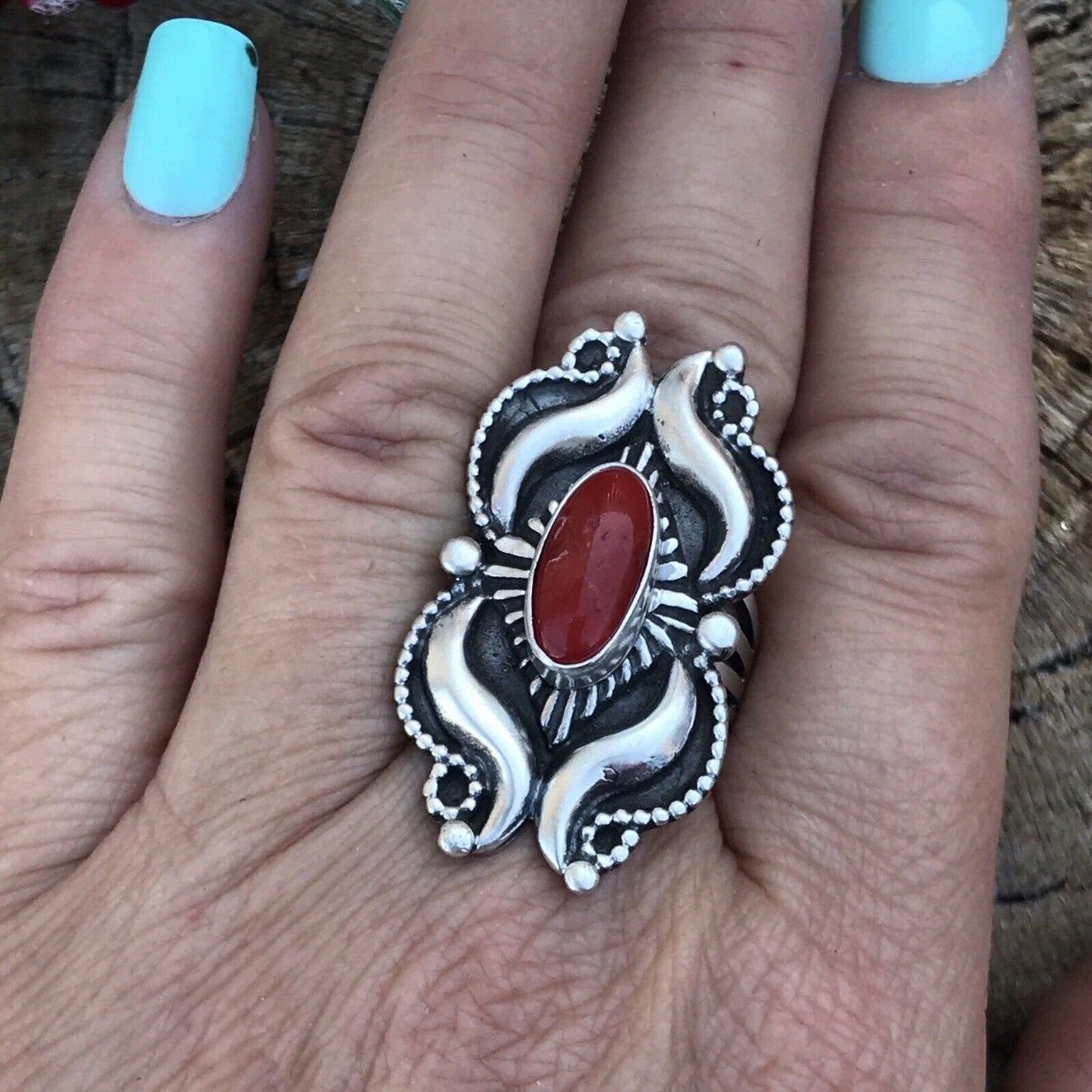 Navajo Sterling Silver Natural Red Coral Ring Artist L. James