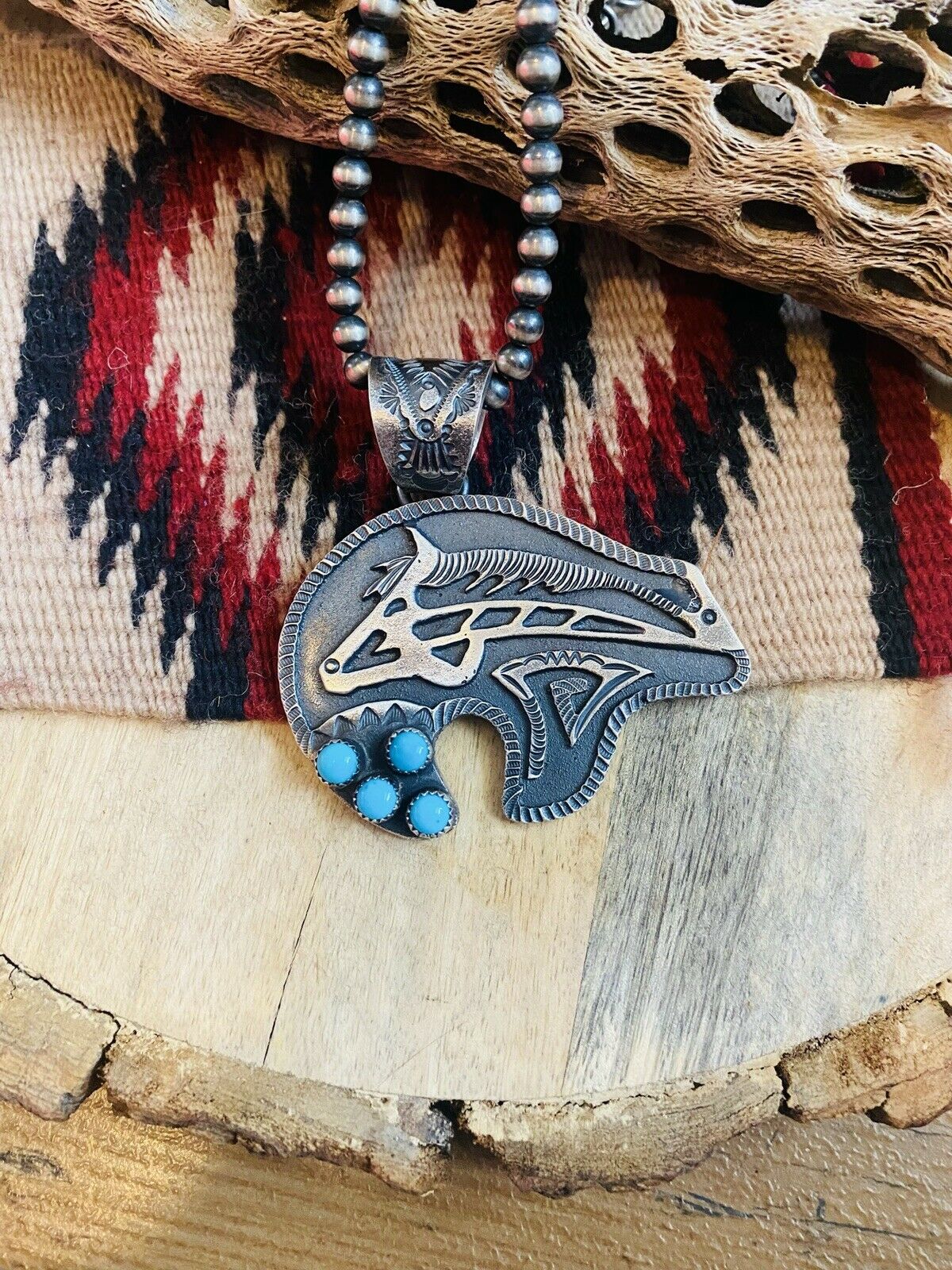 Navajo Turquoise & Sterling Silver Fetish Bear Pendant Signed