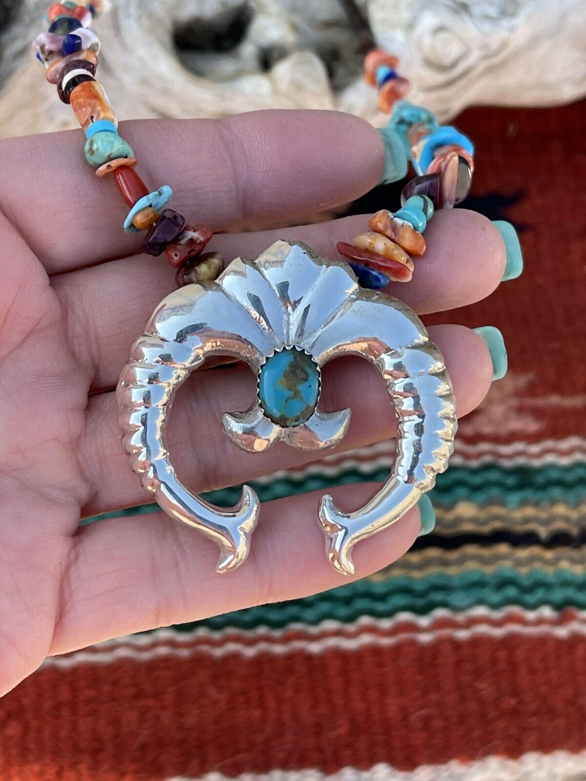 Navajo Handmade Sterling Silver & Turquoise Naja Pendant Signed