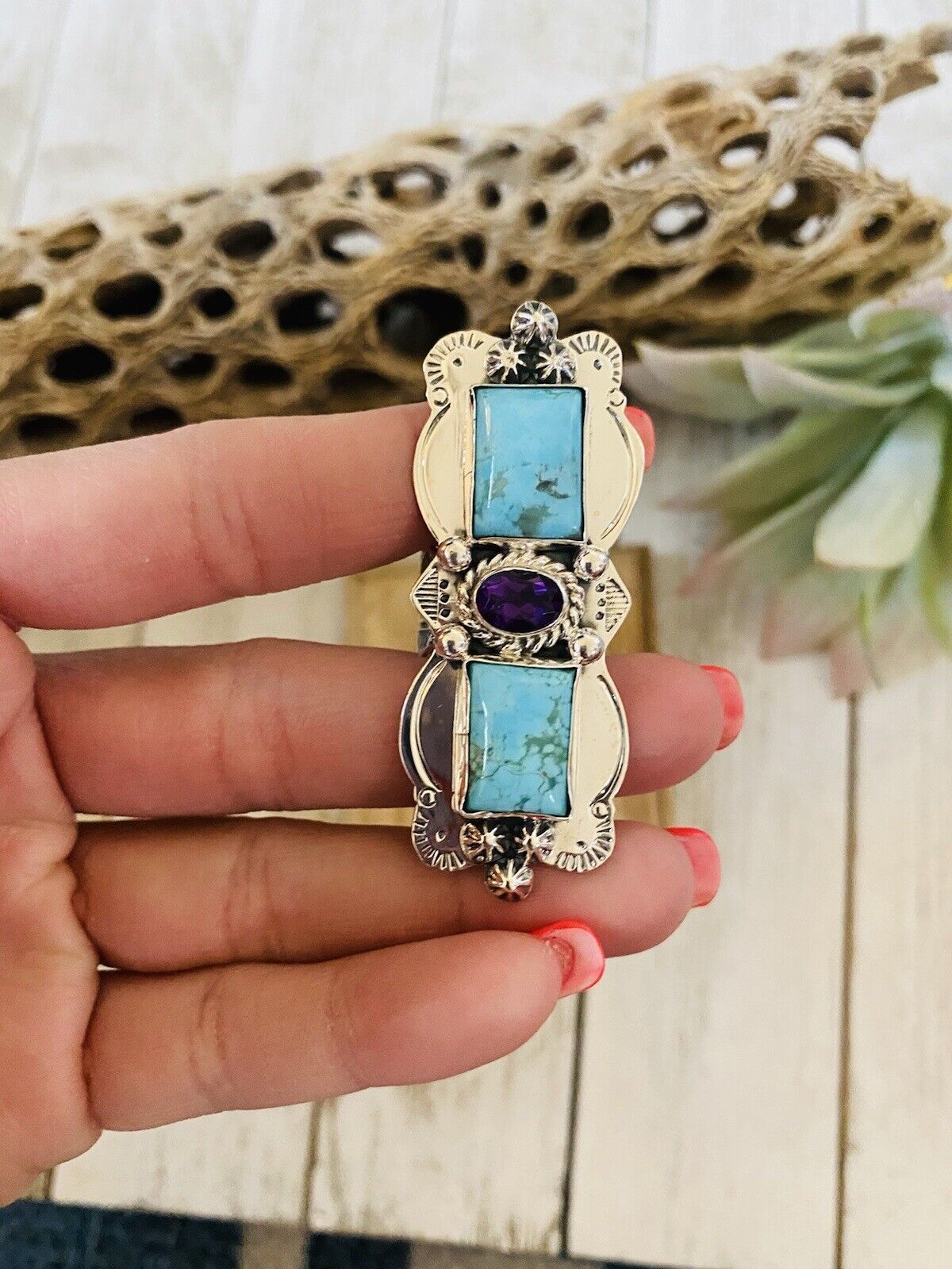 Navajo Kingman Turquoise, Amethyst & Sterling Silver Ring