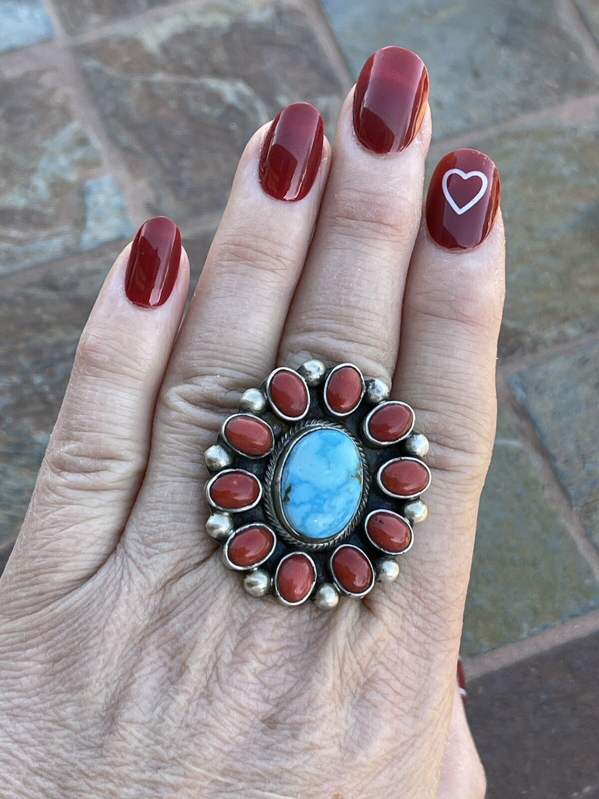 Navajo Sterling Silver Kingman Web Turquoise & Red Coral Taos Ring Sz 5.5