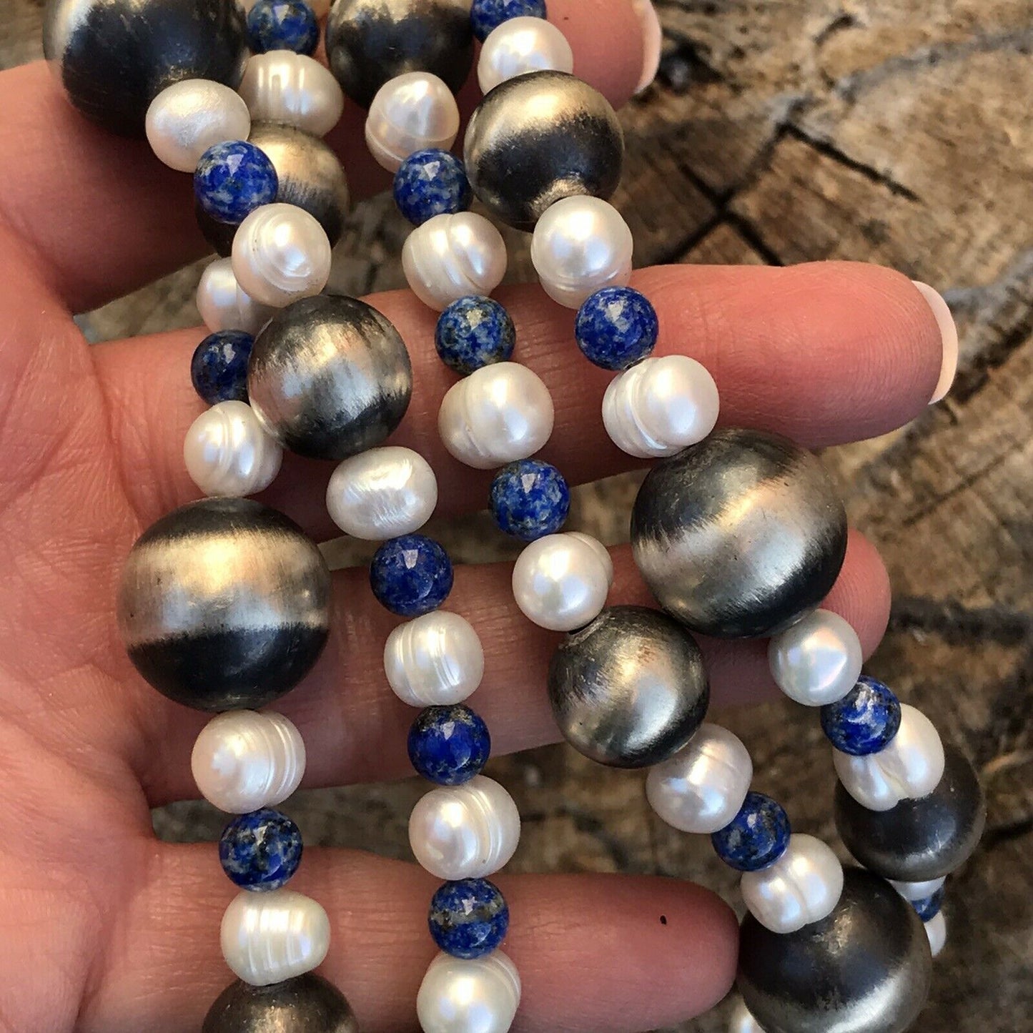 Navajo Sterling Silver Pearl And Lapis Handmade Beaded Necklace