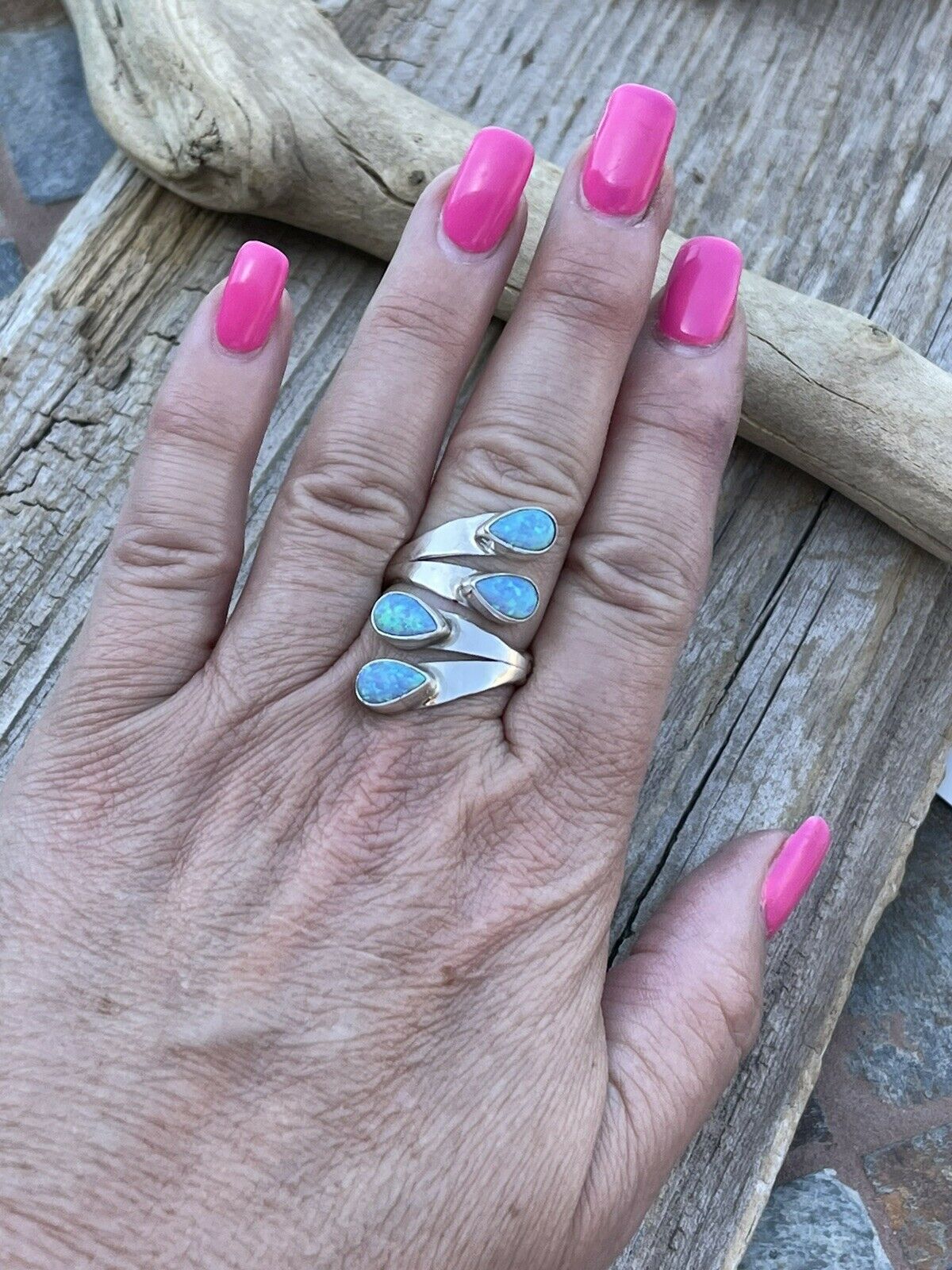 Navajo Sterling Silver Bright Blue Opal Adjustable 4 Stone Ring