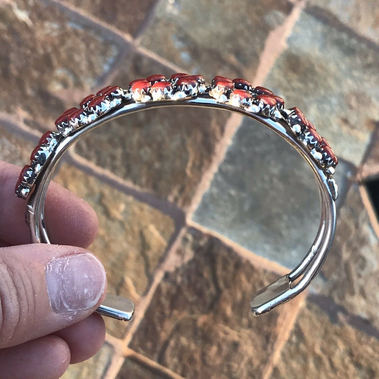 Navajo Coral & Sterling Silver Cuff Bracelet And Ring Set. Signed And Stamped