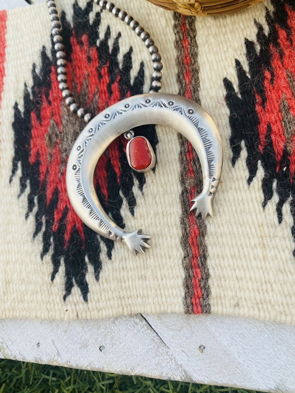 Navajo Sterling Silver & Red Coral Naja Pendant By Martha Cayatineto
