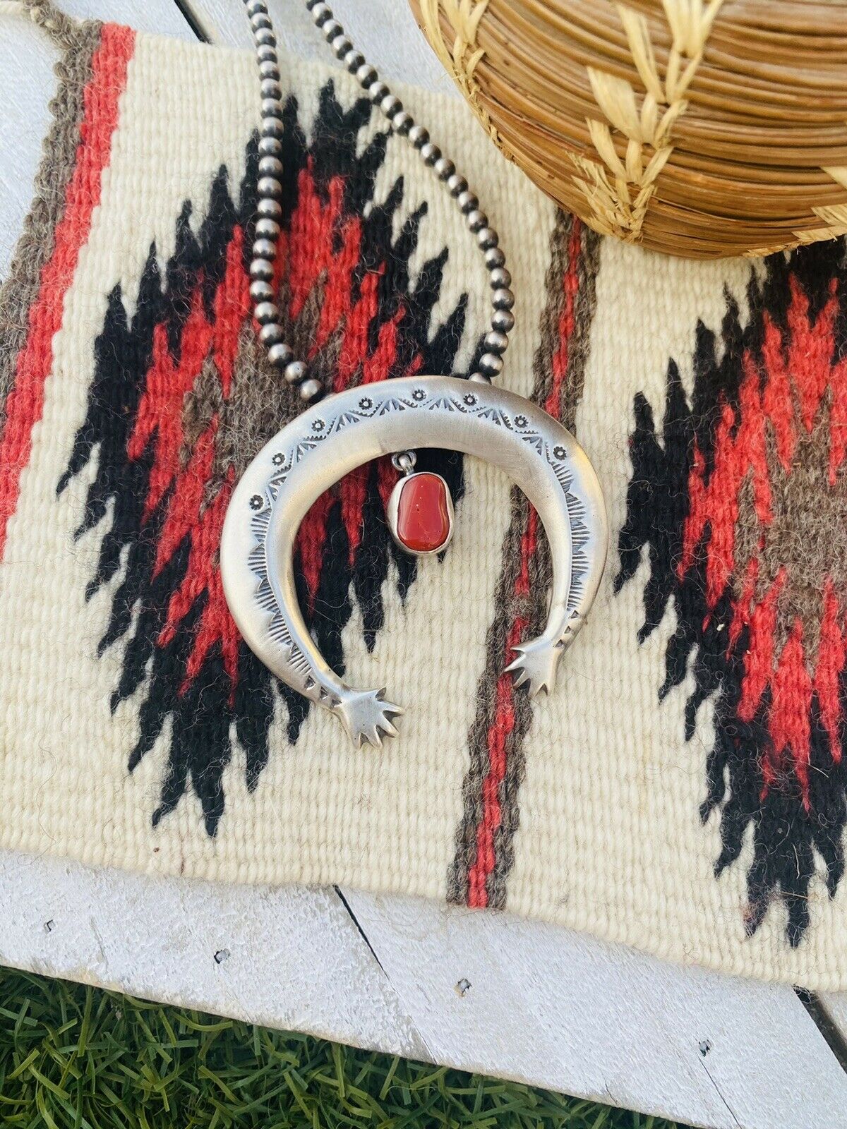 Navajo Sterling Silver & Red Coral Naja Pendant By Martha Cayatineto