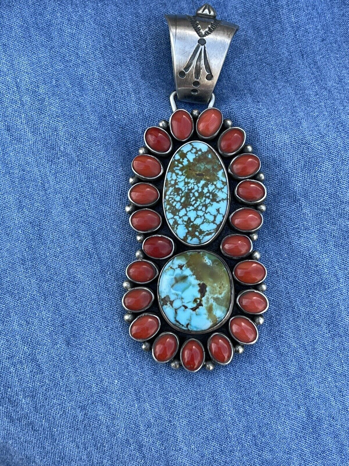 Navajo Sterling 2 Stone Kingman Web Turquoise & Red Coral Taos Pendant