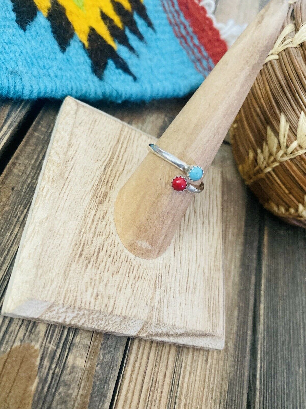 Navajo Sterling Silver, Coral & Turquoise Adjustable Ring