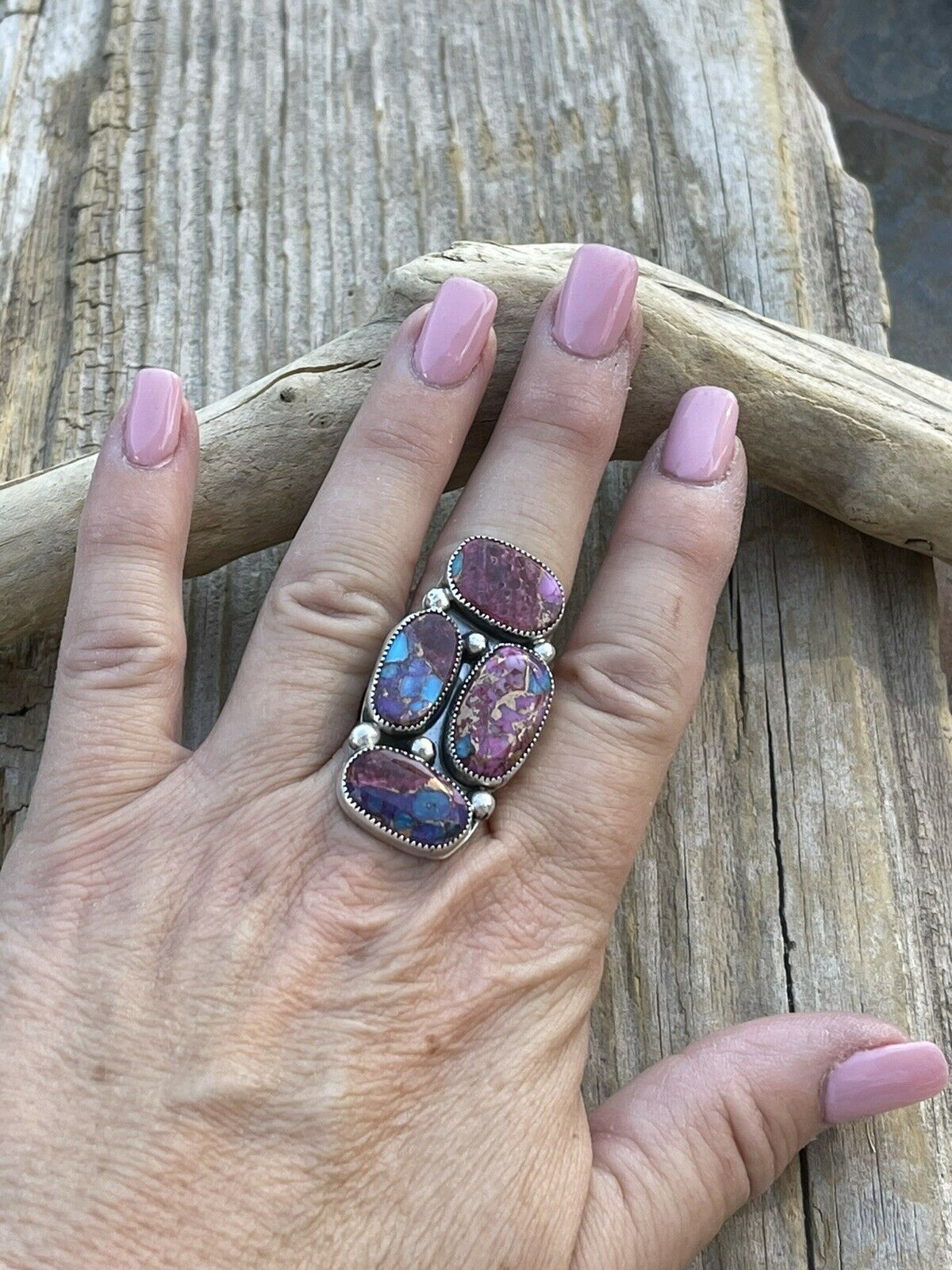 Navajo 4 stone Pink Dream Mohave & Sterling Silver Ring Size 6