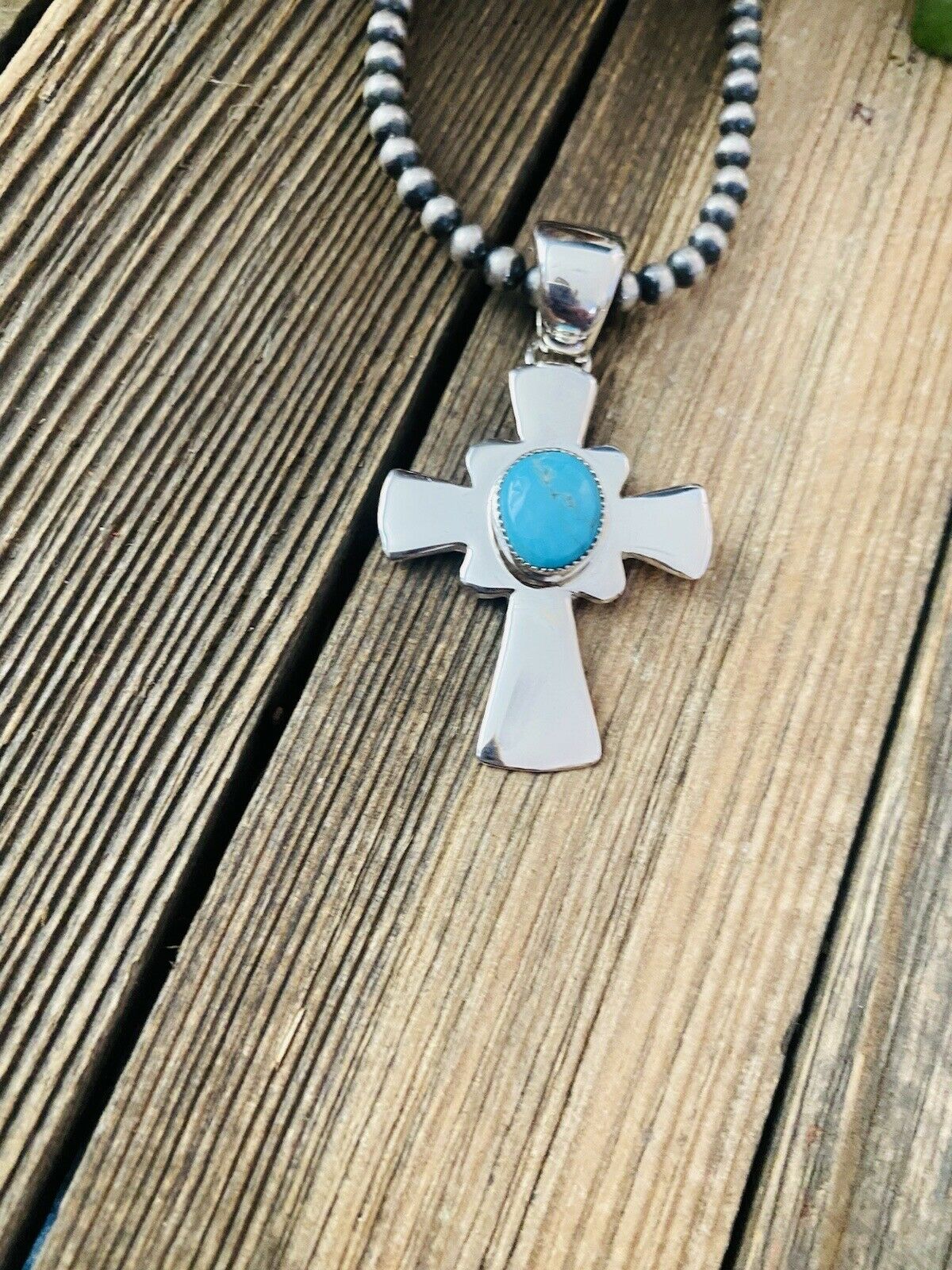 Navajo Sterling Silver & Turquoise Cross Pendant Signed