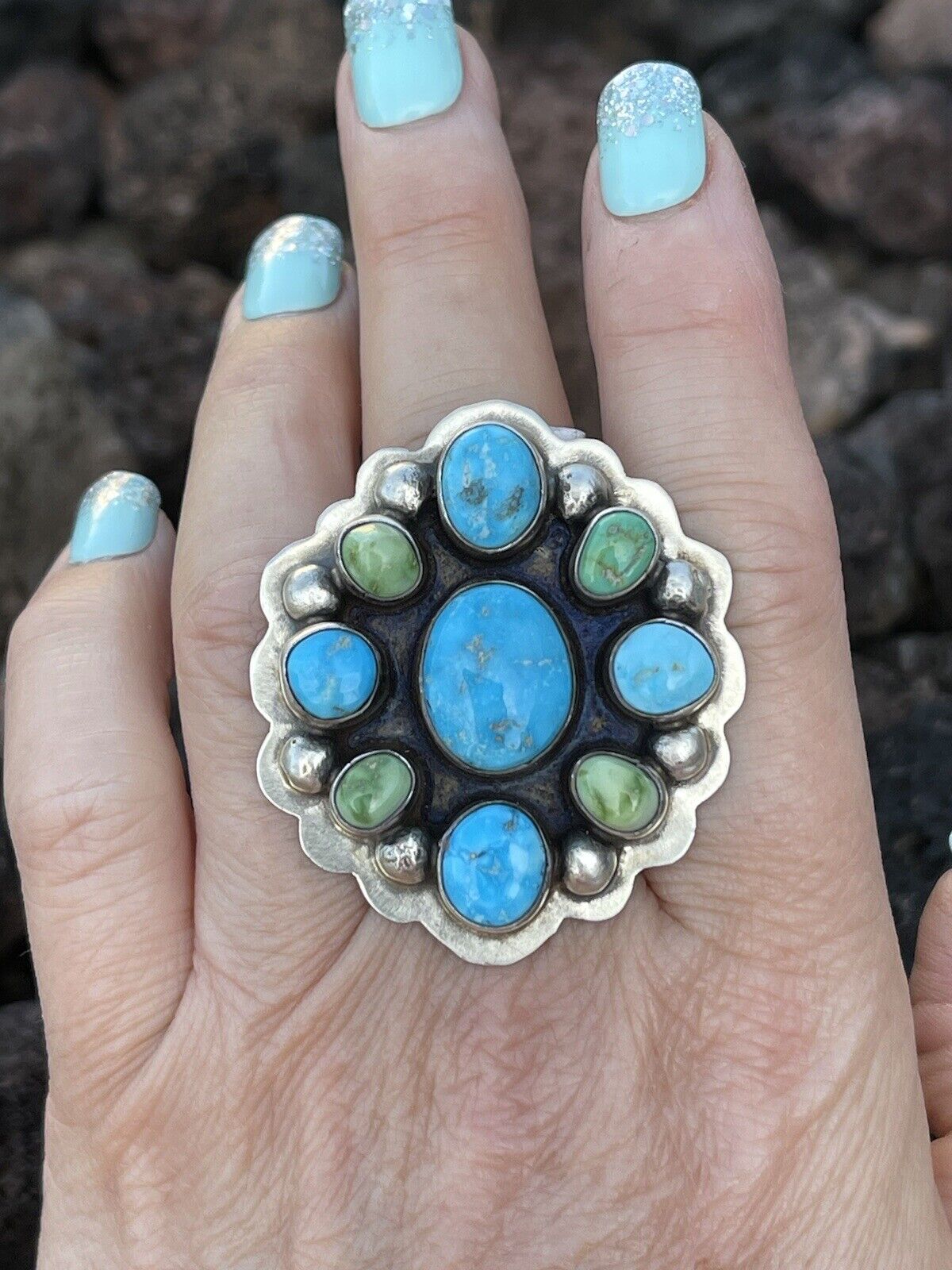 Navajo Sterling Sonoran Gold And Golden Hills Turquoise Cluster Ring Size 8.5