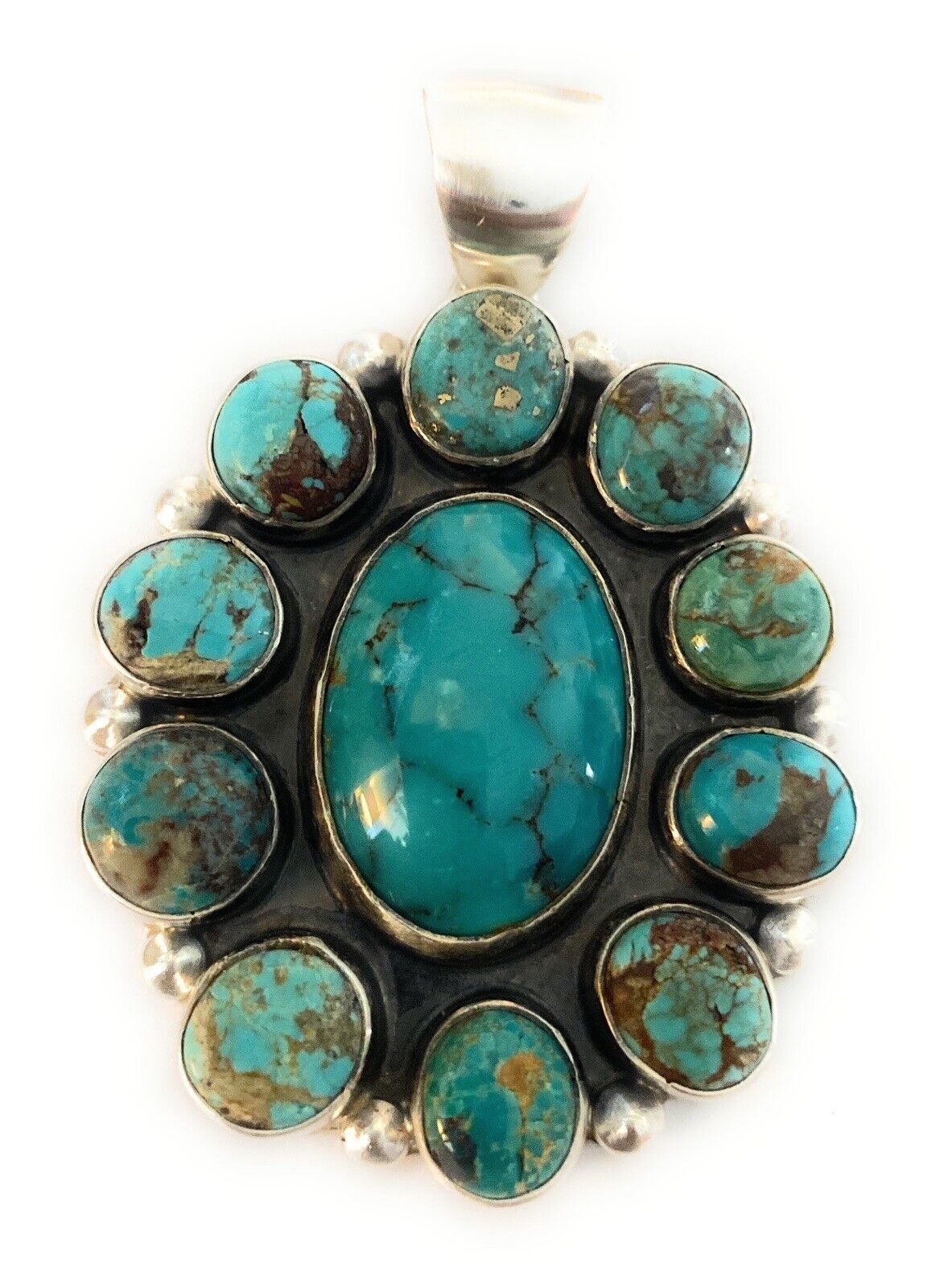 Navajo Sterling Silver & Multi Turquoise Cluster Pendant Signed