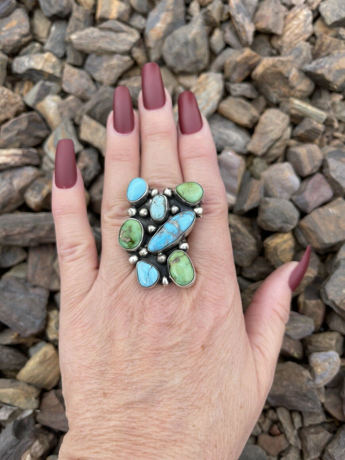 Navajo Sterling Sonoran Gold And Golden Hills Turquoise Cluster Ring Size 6.5