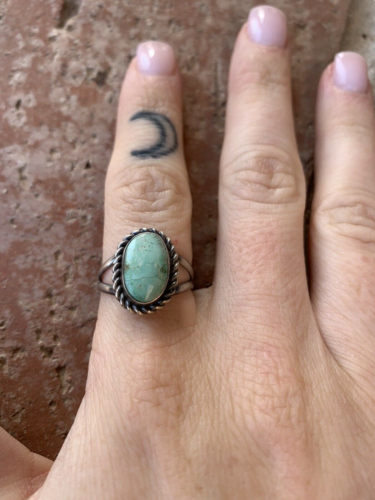 Navajo Turquoise & Sterling Silver Dome Ring With Braided Edge