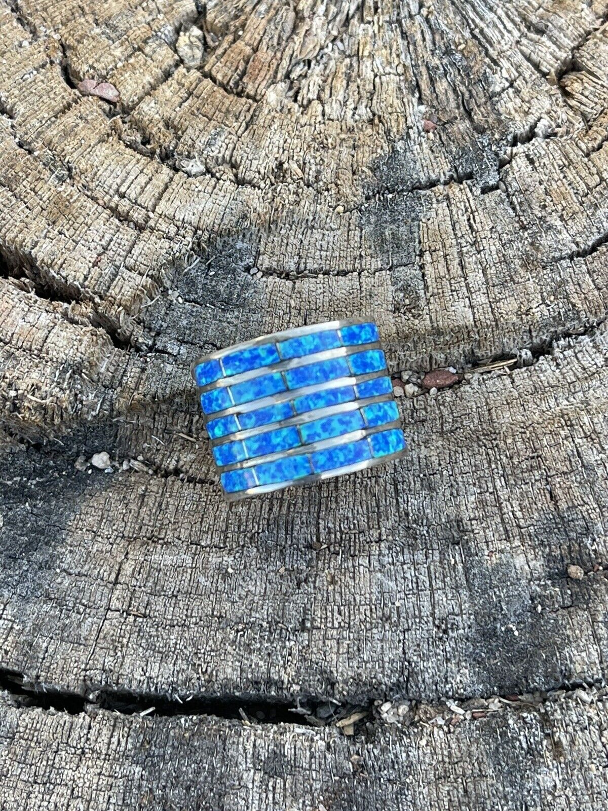 Zuni Sterling Silver Blue Opal 5 Row Inlay Ring