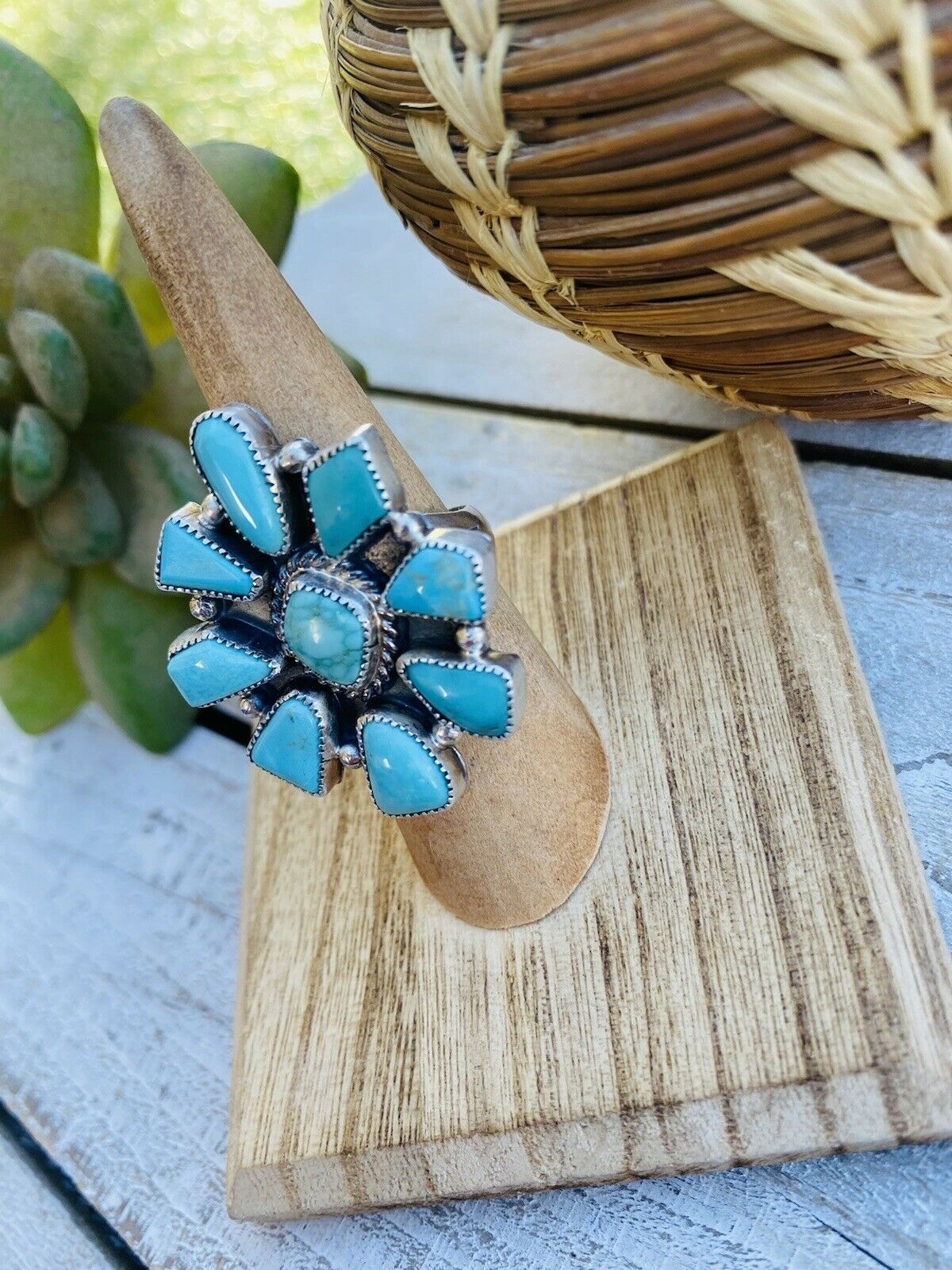 Navajo Turquoise & Sterling Silver Cluster Ring Size 6
