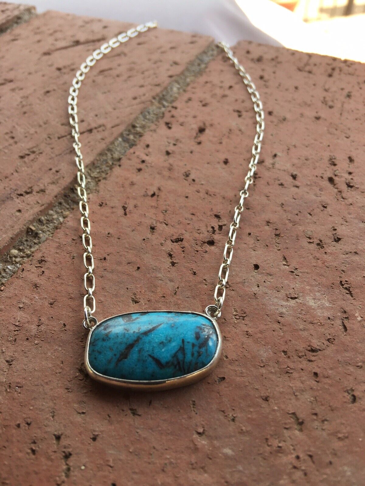 Navajo Kingman Turquoise  Sterling Silver Drop Necklace Signed
