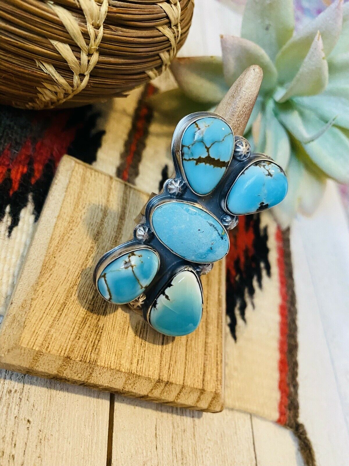 Navajo Turquoise & Sterling Silver Adjustable Ring Signed