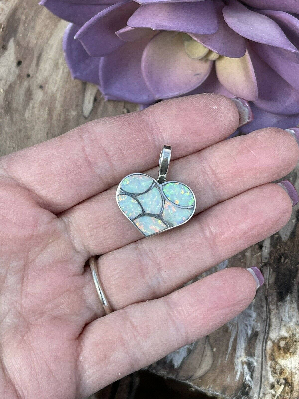 Zuni Iridescent White Opal & Sterling Silver Heart Pendant