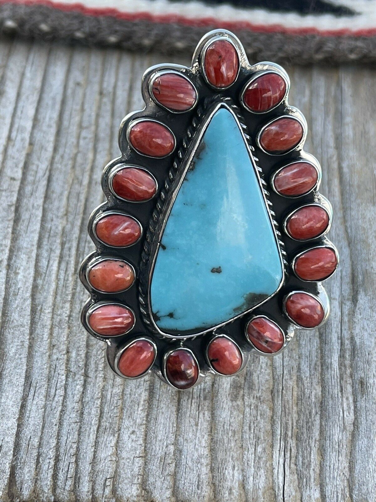 Navajo Cluster Fox Turquoise Spiny Sterling Silver Ring Sz Is Adjustable