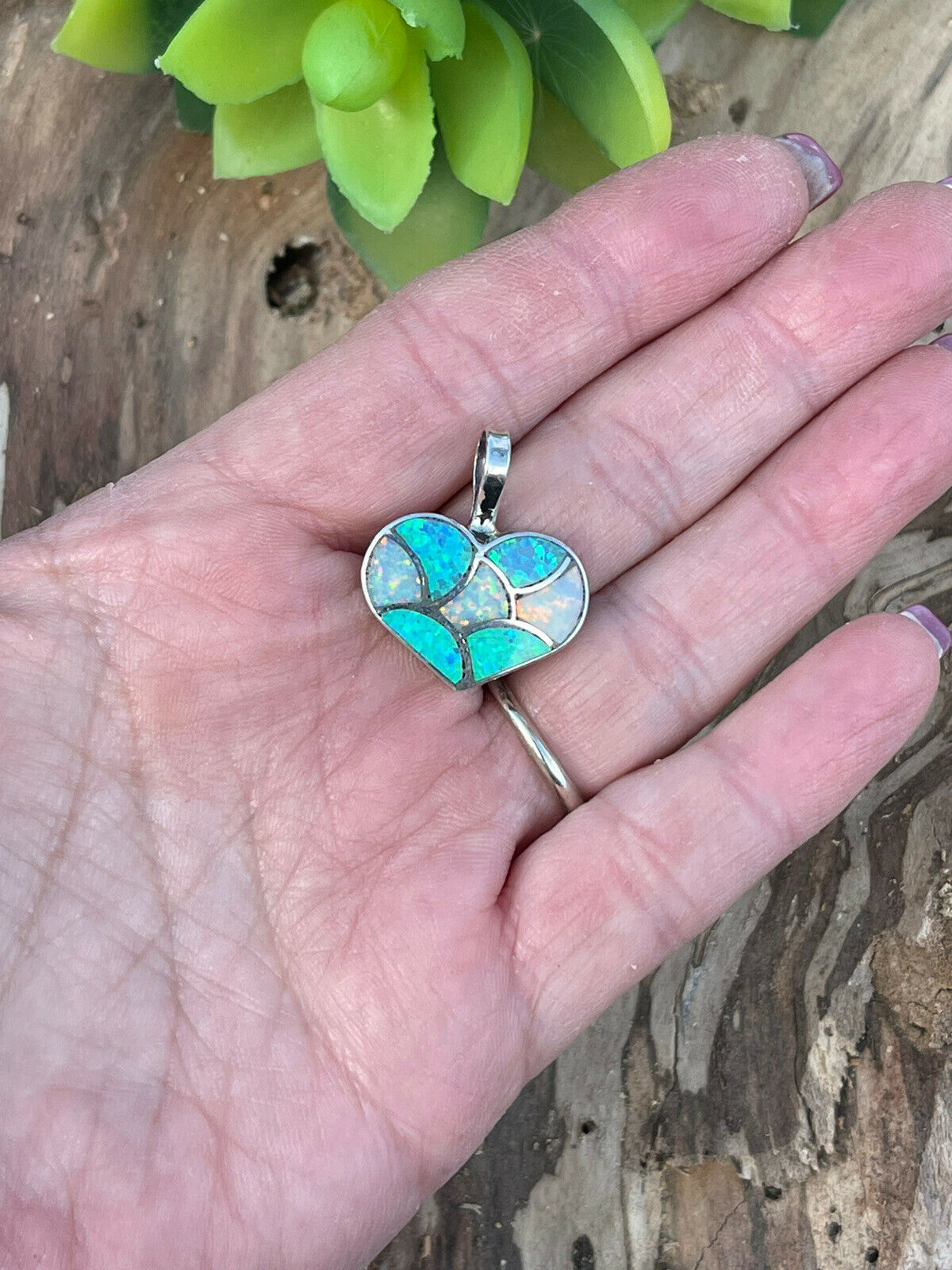 Zuni Iridescent Blue Opal & Sterling Silver Heart Pendant