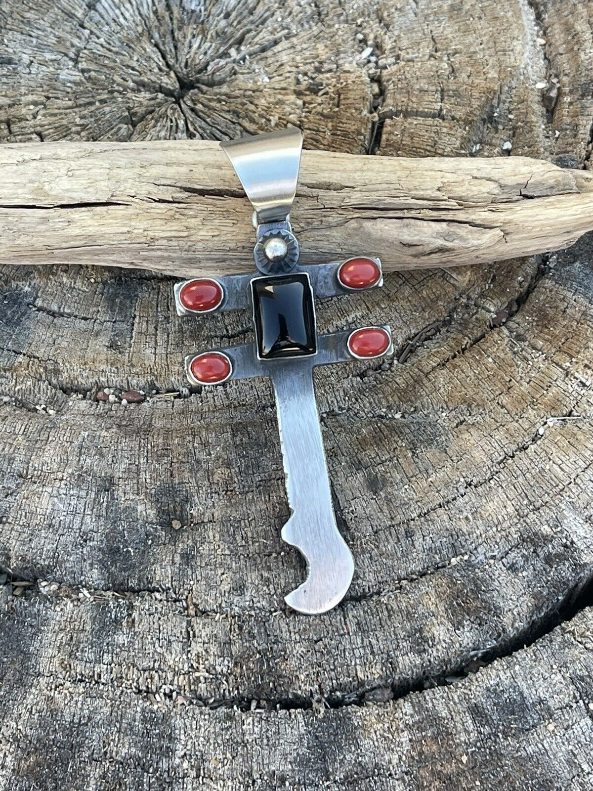 Navajo Sterling Silver Black Onyx and Coral Dragonfly Pendant By Chimney Butte
